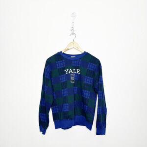 VTG 90s Yale University Bulldogs Embroidered Sweatshirt NCAA blue plaid unisex S